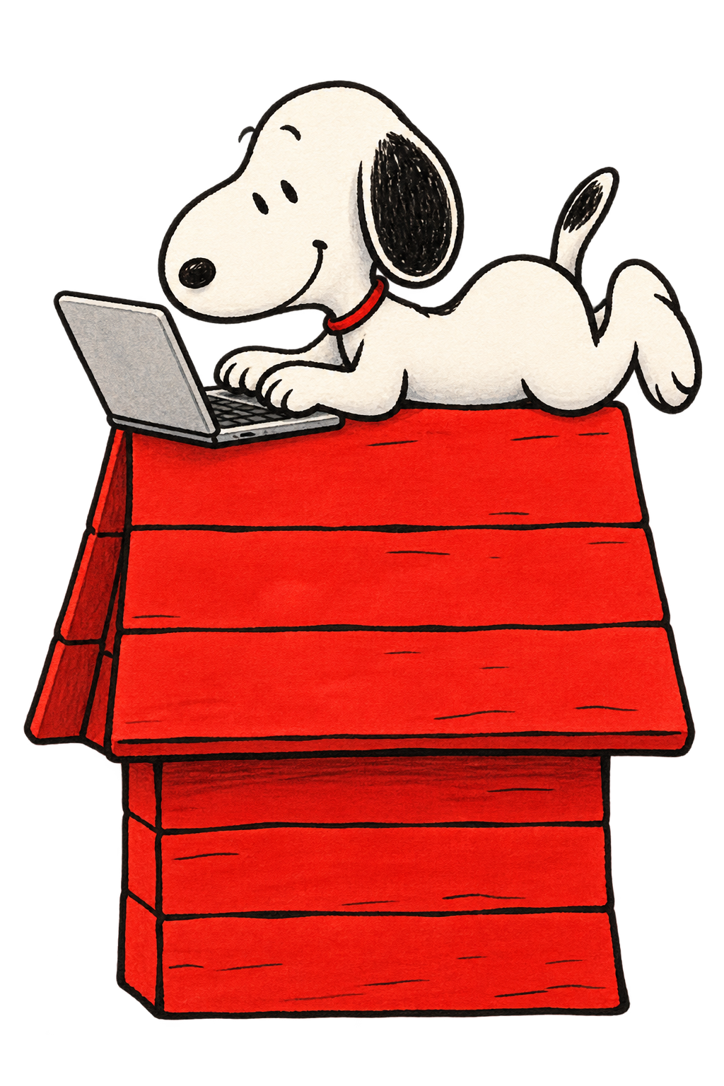 Snoopy escribe en una computadora sobre su caseta