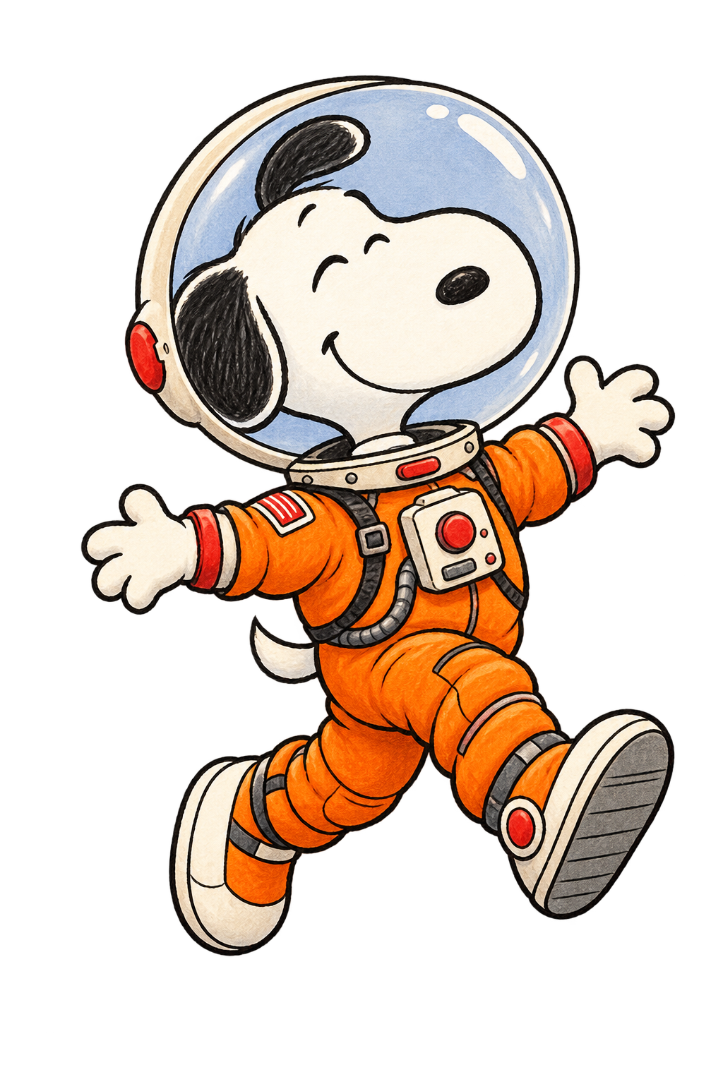 Snoopy con traje naranja flotando como en la luna