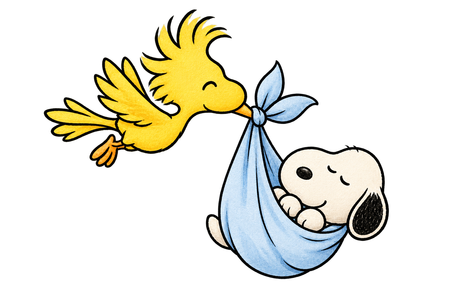 Woodstock lleva a Snoopy bebé volando