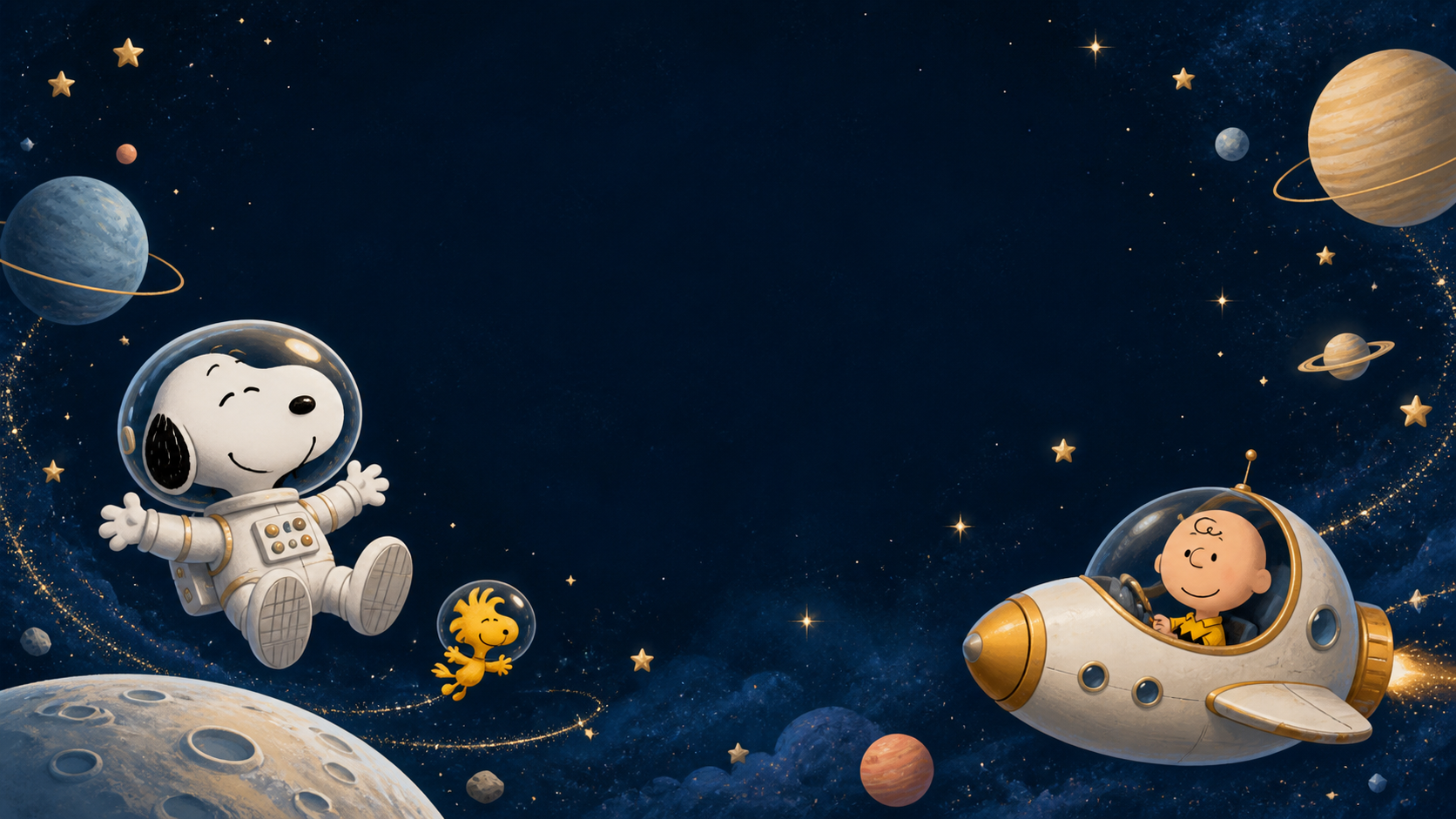 Snoopy astronauta, Woodstock y Charlie Brown viajando por el espacio